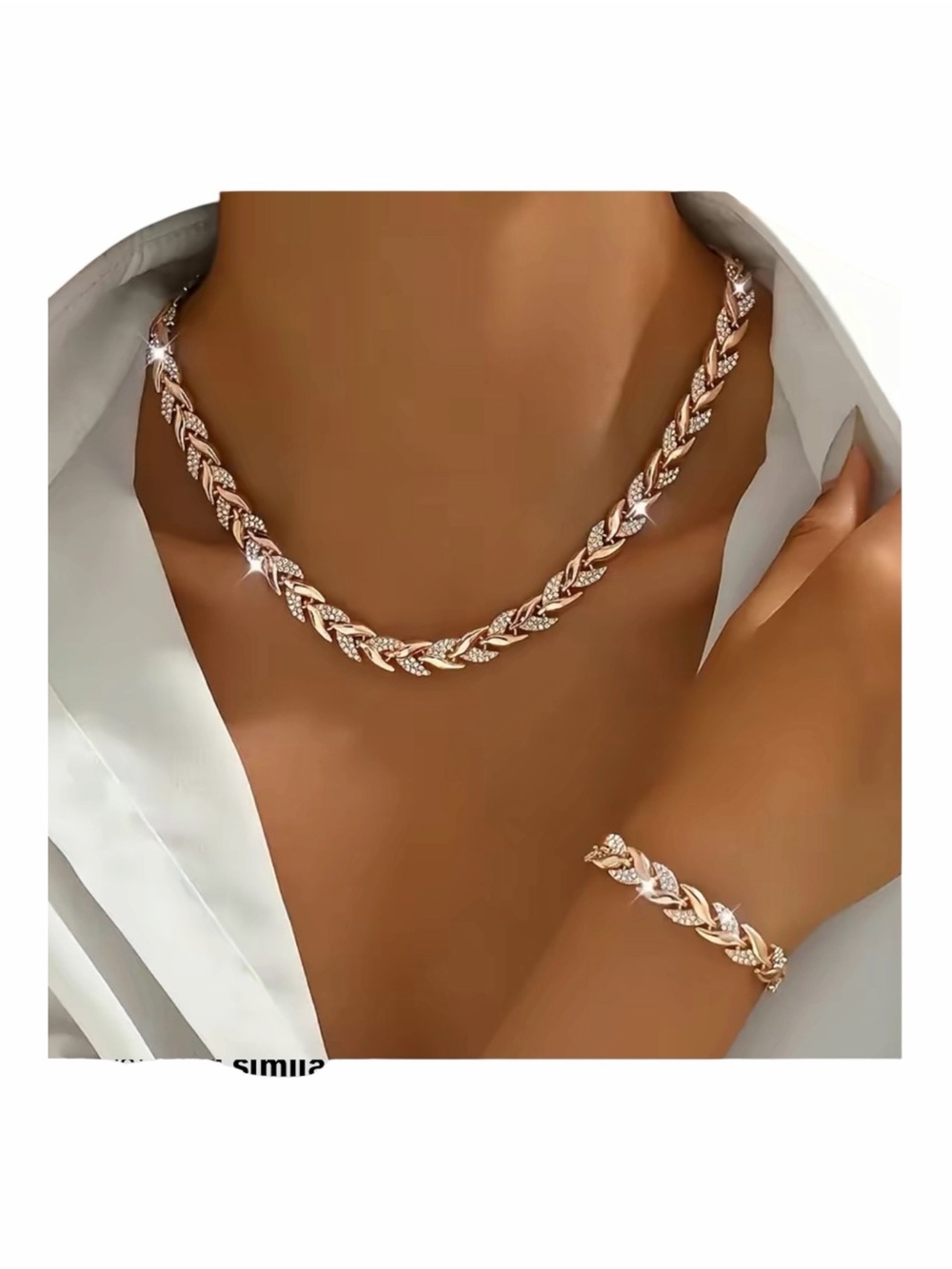 Rose Gold Tone Leaf Link Necklace and Bracelet Set - Women Jewelry